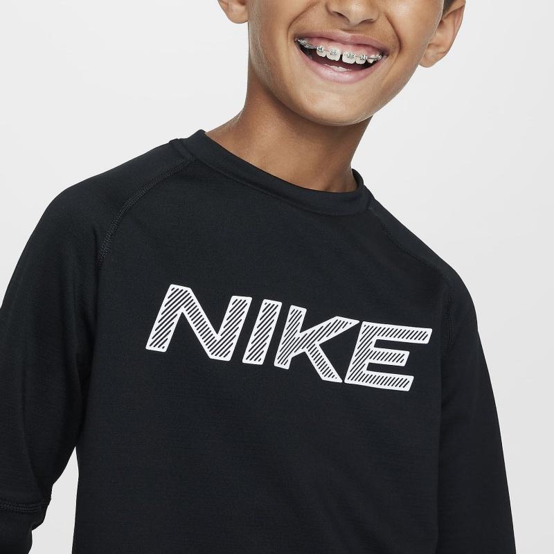 Nike Pro Dri-Fit Warm Letter Print Crew Neck Training Long Sleeve T-Shirt Kids Tops Black White HF4362-010