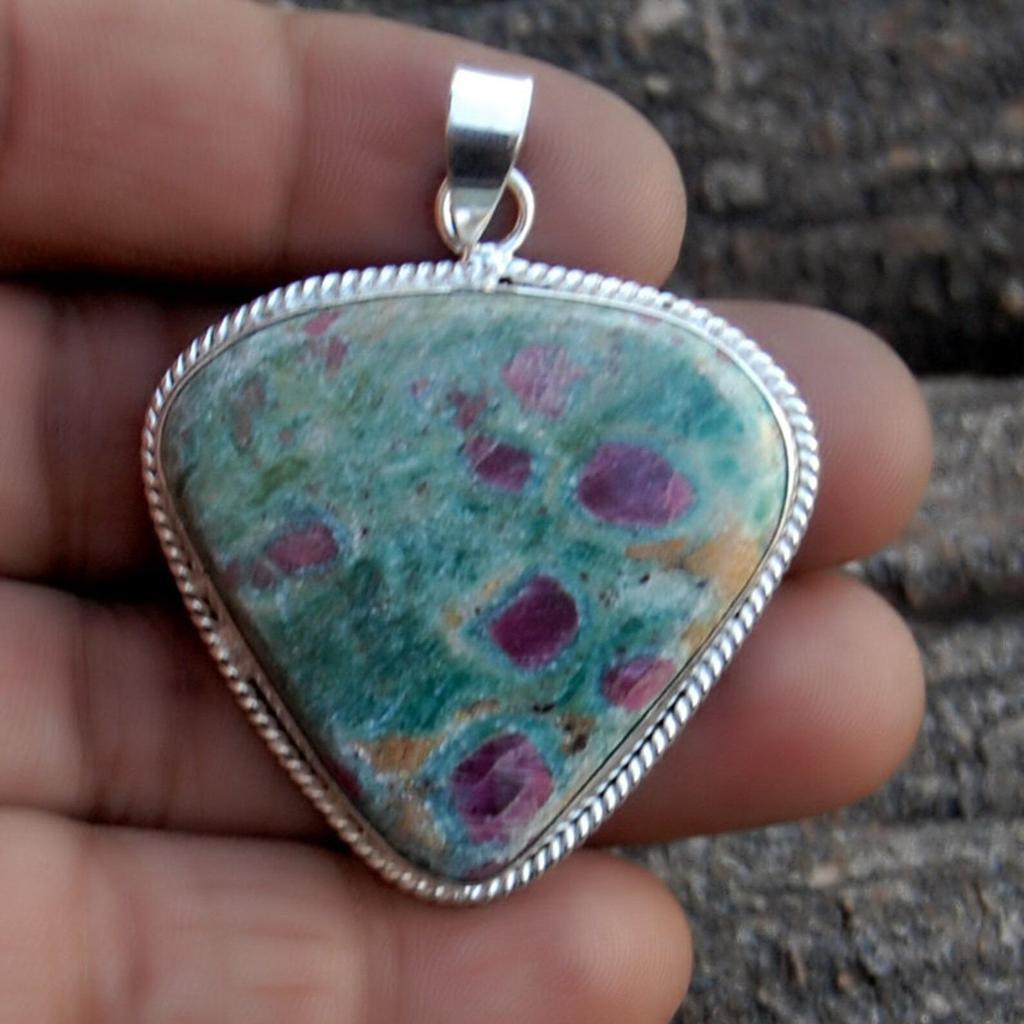 Heart Ruby in Zoisite  925 Sterling Silver Gemstone Cabochon Pendant