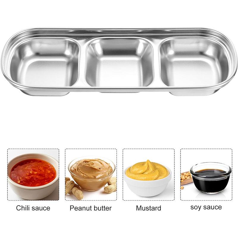 Sauce Dishes, 3 Grid Dipping Bowls, Stainless Steel Serving Dishes, Sauce Dishes for Dipping