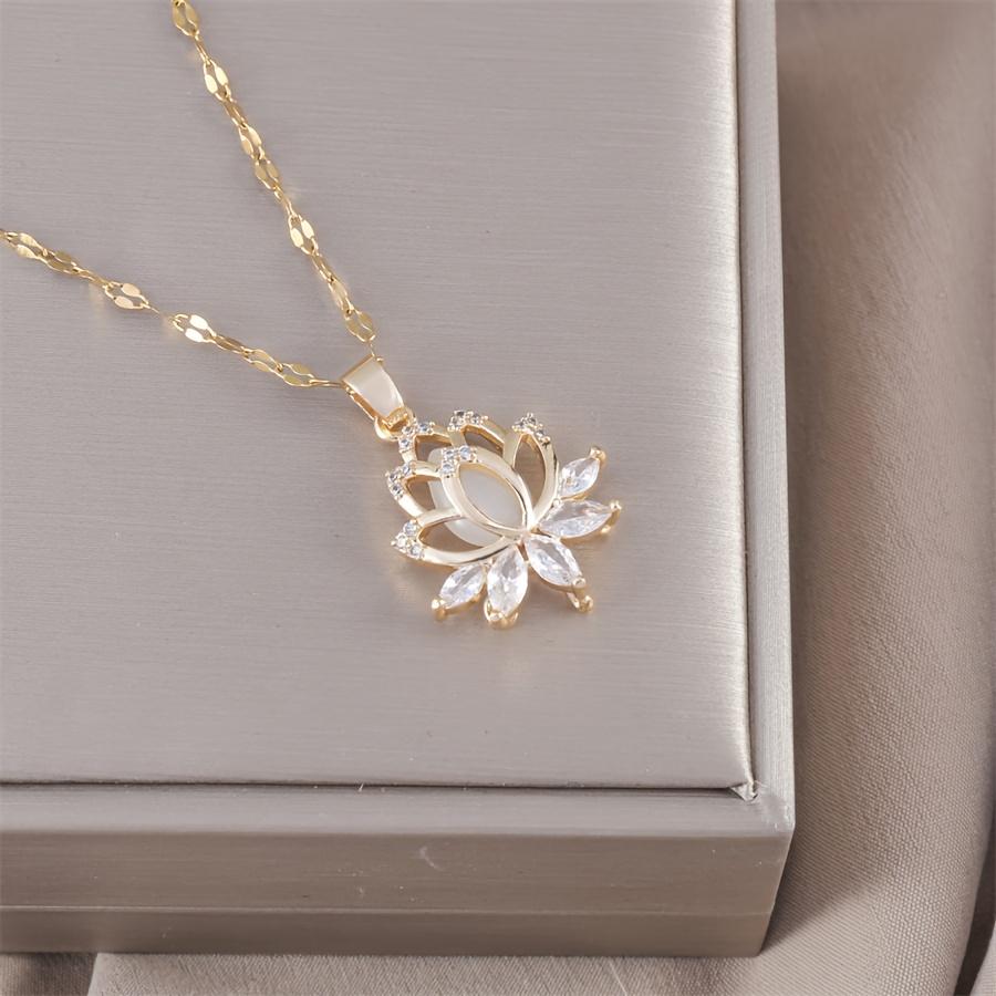 's Elegant Golden-Tone for Lotus Flower Pendant Necklace - Delicate Chain Jewelry with Sparkling Cubic petals, Everyday & Formal Necklace for Annivers