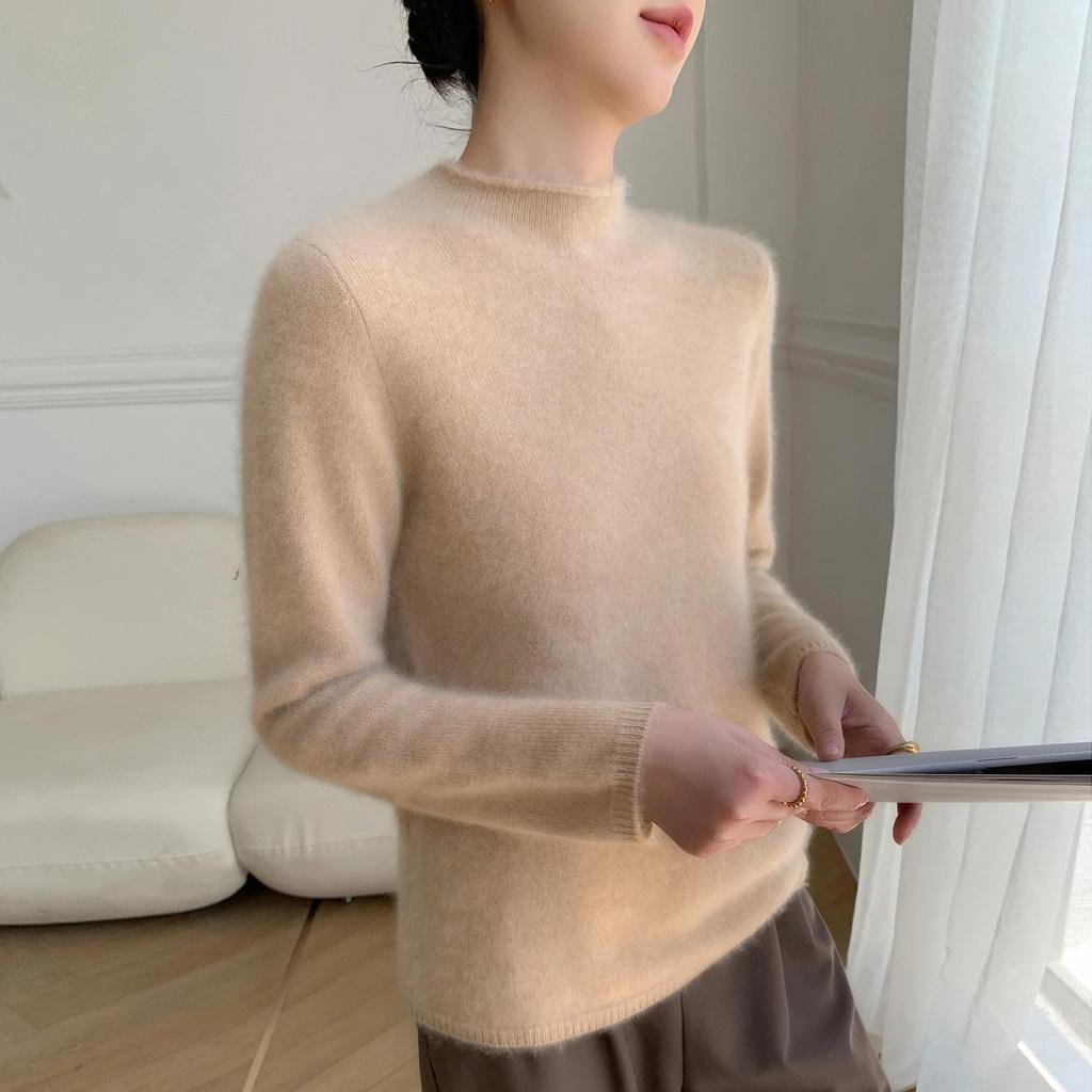 Versatile Women's Slim Cashmere Sweater - Autumn/Winter 2025, Half-High Neck, White Pullover