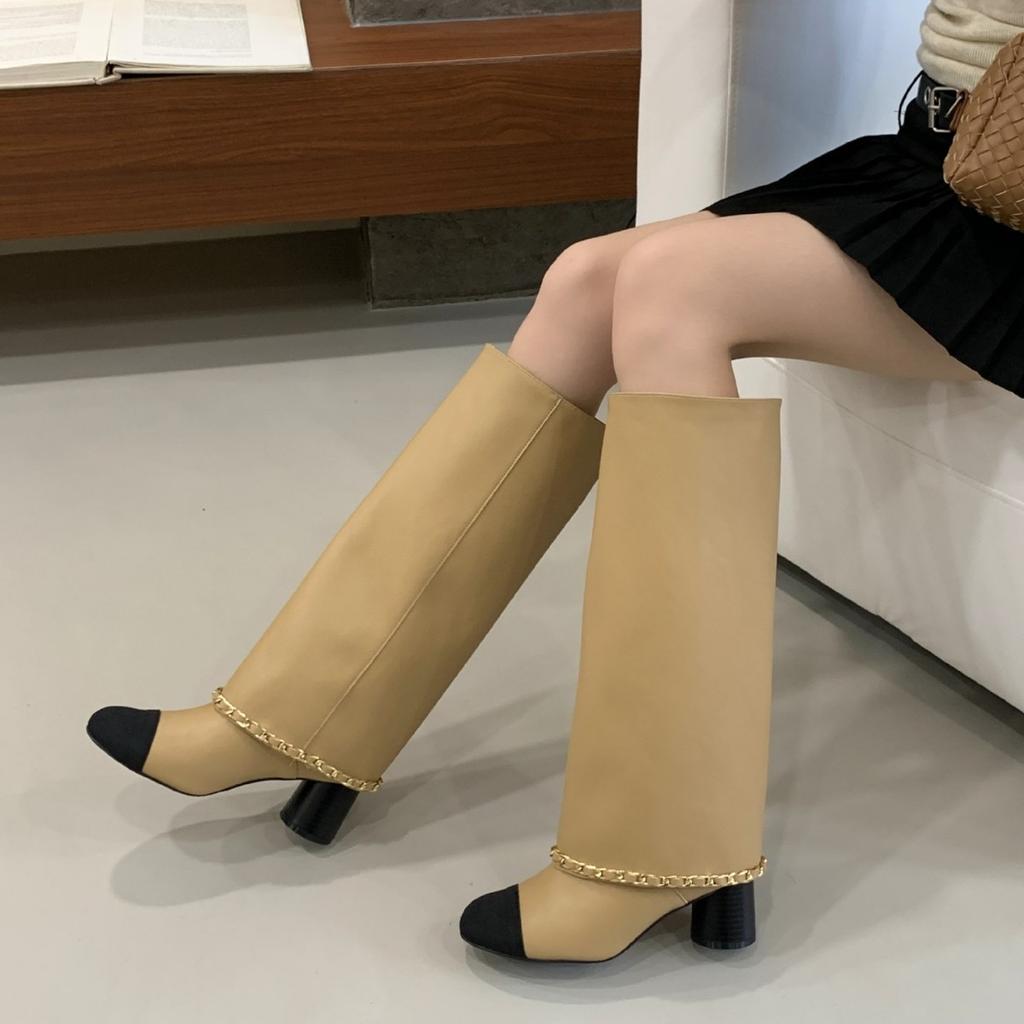 Premium Xiaoxiangfeng Apricot Black Splicing Thick Heel Pants Boots Women's 2025 Autumn Knight High Boots But Knee Boots