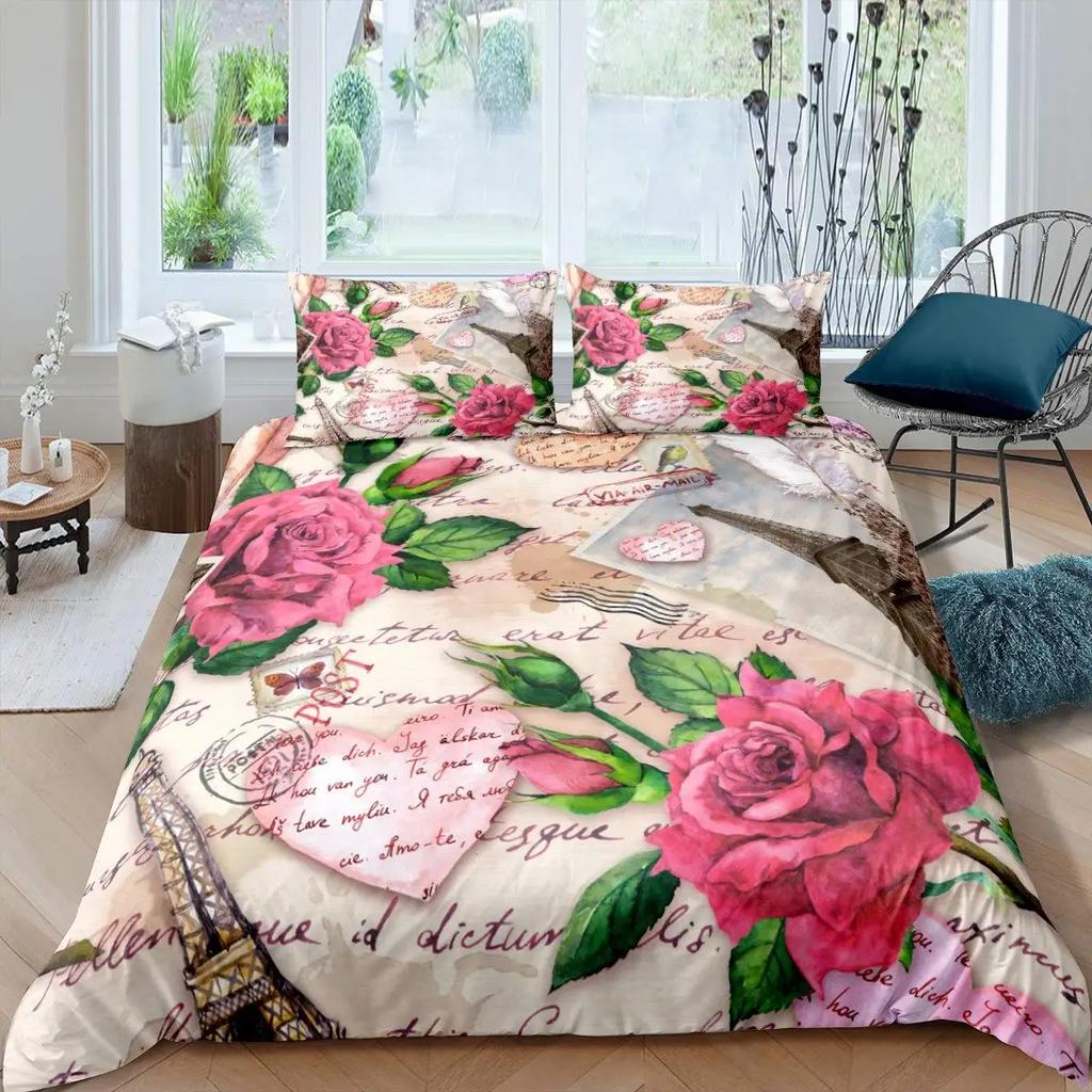 Valentine's Day Rose Duvet Cover Set Romantic Couple Theme Bedding Set 3D Rose Comforter Cover Set Love Bedspread Twin King Size