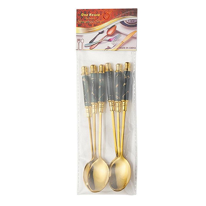 

6Pcs/Lot Stainless Steel Dessert Icecream Spoon Nordic Marble Ceramic Long Handle Teaspoon Gold Coffee Cake Milk Spoon Tableware чорний