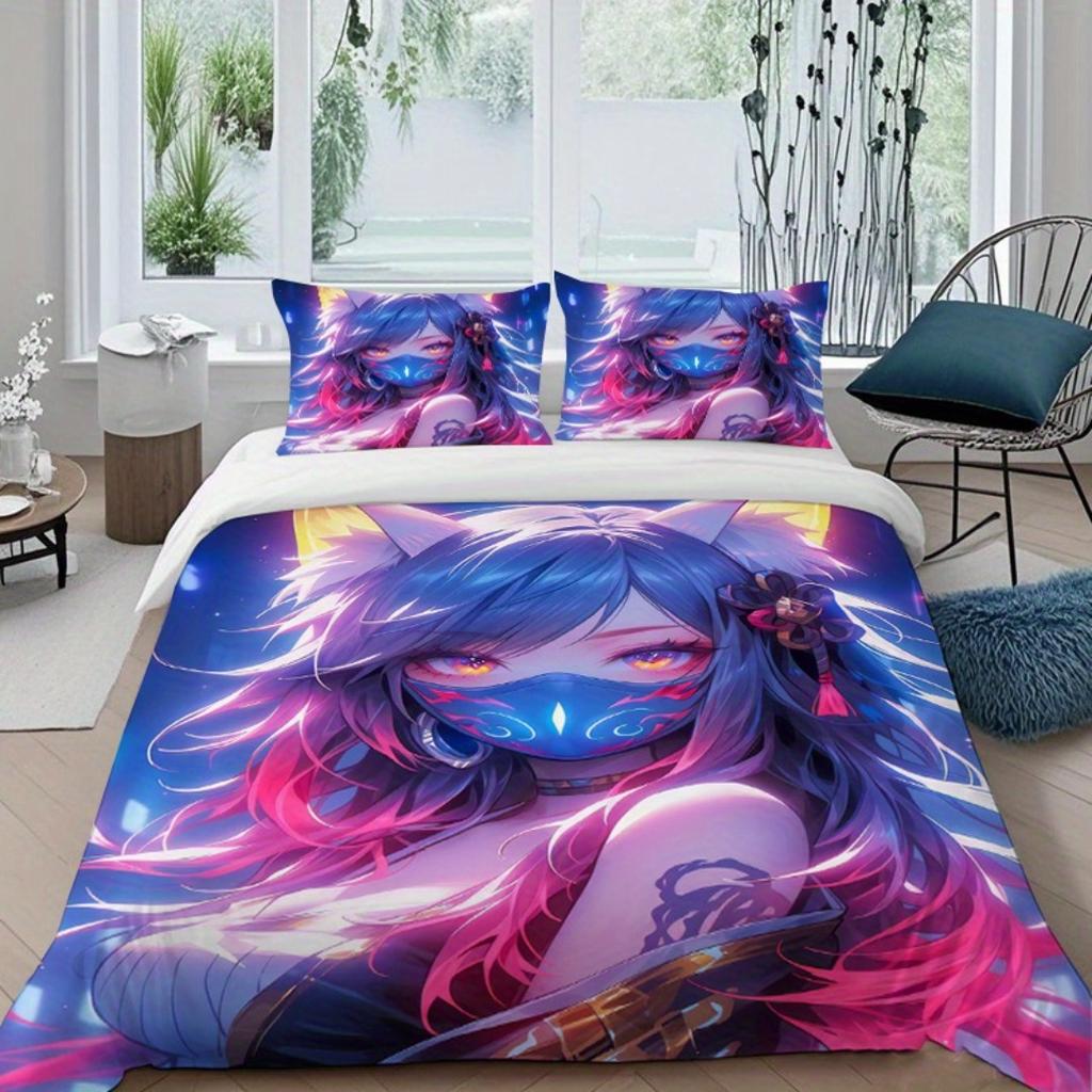 Comforter 2/3 Piece Set Set With 2D Fox Ear Girl Anime Print Pattern Set Includes And