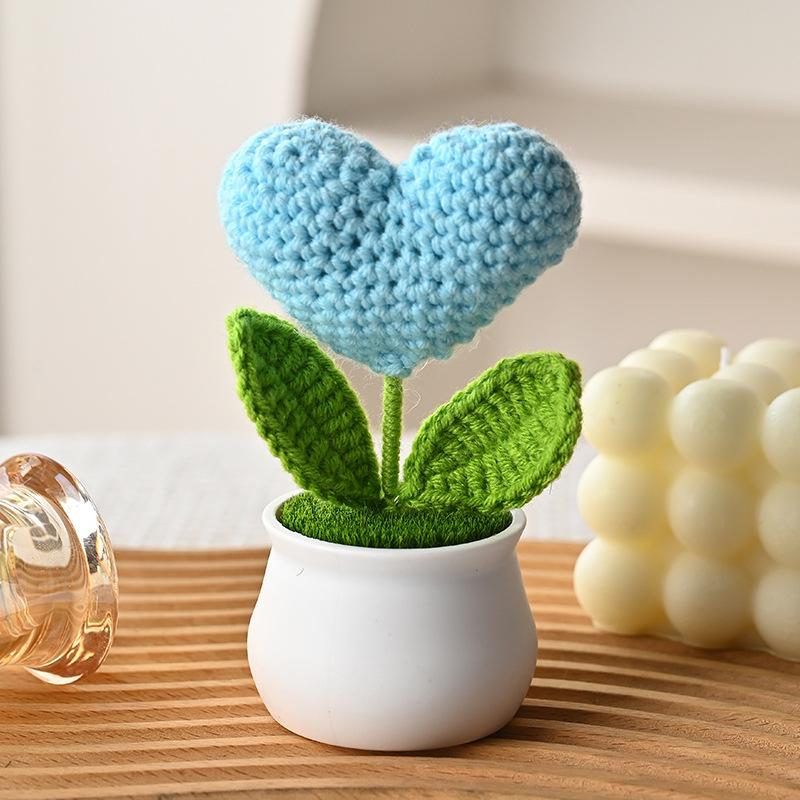 Crochet Flowers Cute Little Heart Potted Artificial Flowers Home Decoration For Living Room Bedroom Desktop Decor Birthday Gifts