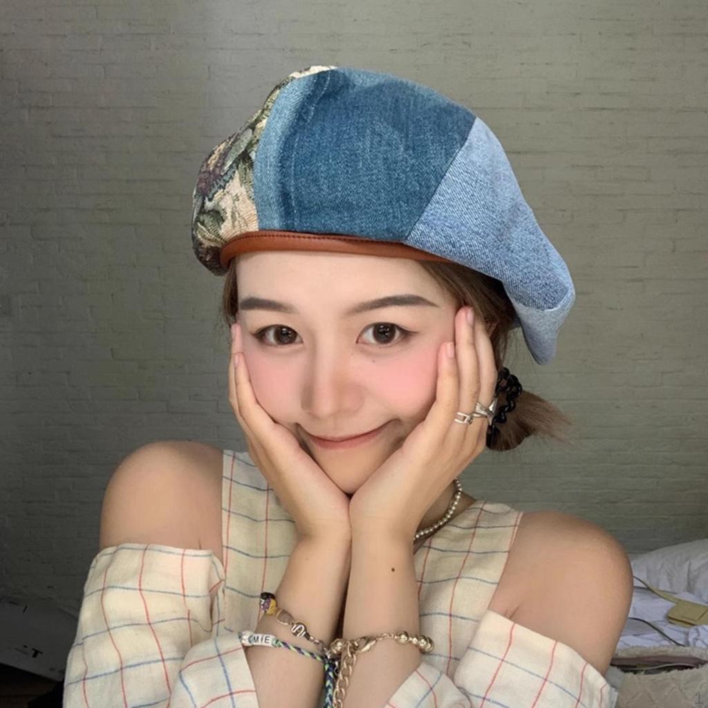 Women Beret Hat Streetwear Fashion Denim Cap for Hiking Traveling Vacation Party