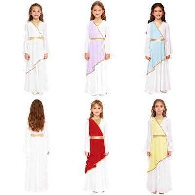 Girls Halloween Ancient Greek Princess Costume Long Sleeve Contrast Dress Party Role Play Performance Costume