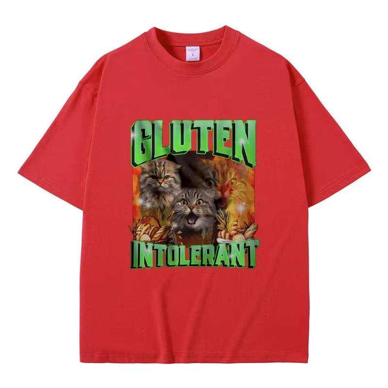 Gluten In Tolerant Cat Funny Meme Print T-shirt Male Fashion Oversized Streetwear Men Women Casual Cozy Pure Cotton Short Sleeve