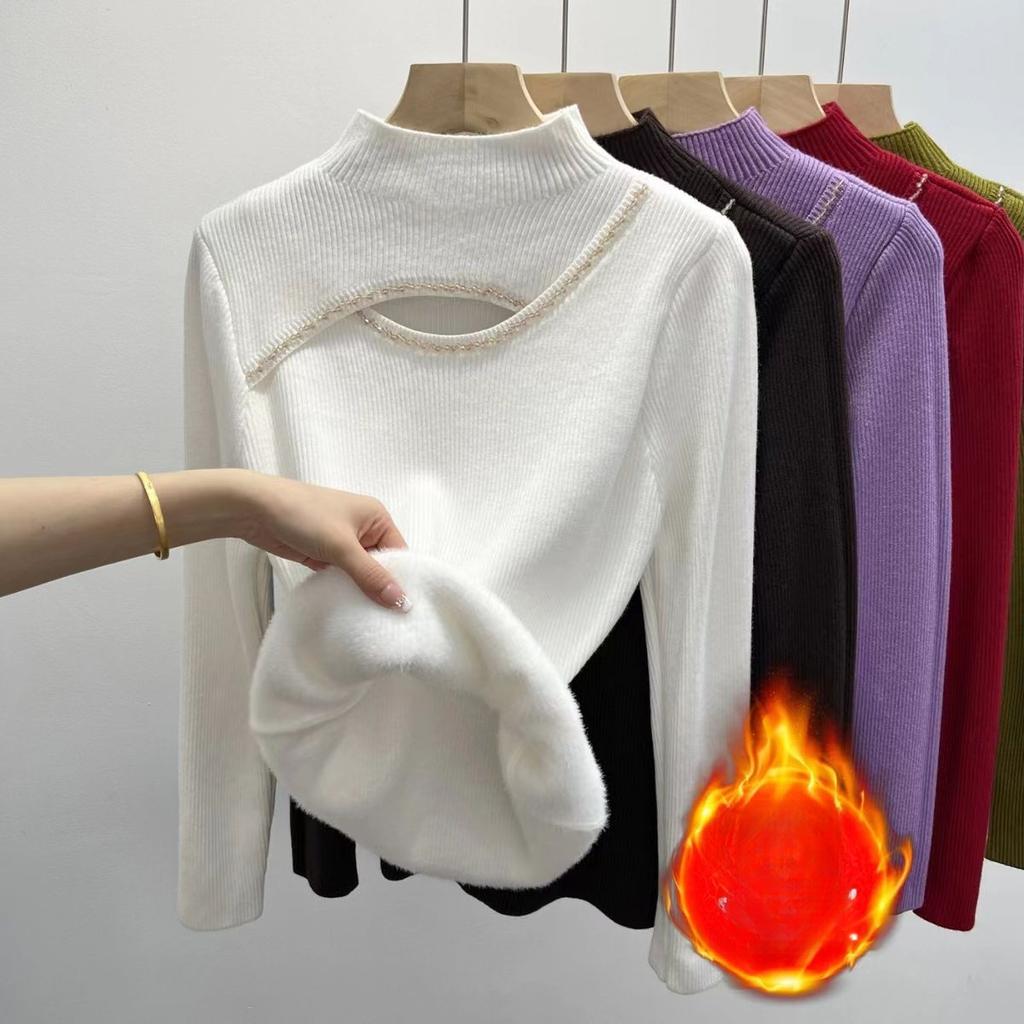 Thick Knit Sweater with Added Velvet Semi High Neck Autumn and Winter Hollow Knitting Bottom Design Top