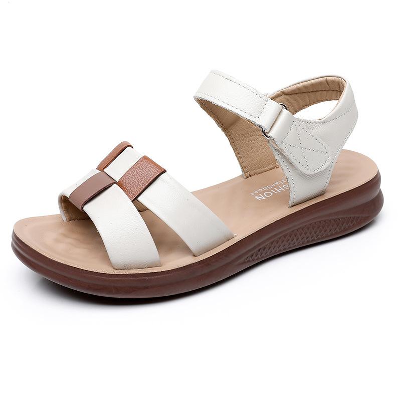 Summer New Top Leather Mom Sandals Comfortable Soft Bottom Flat Middle Aged Women's Shoes