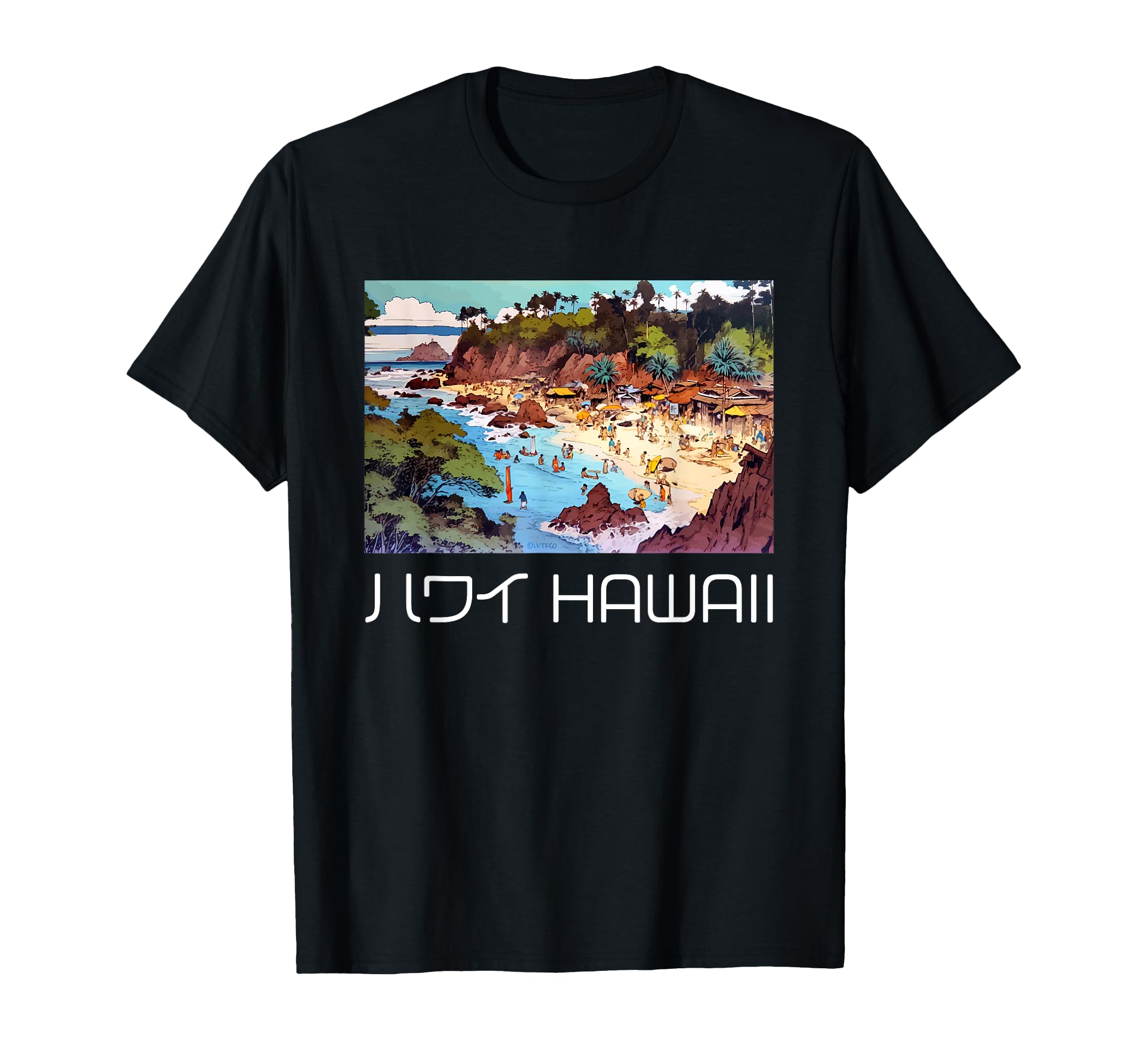 

Hawaii beach scenery and Japanese words in katakana T-shirt чорний