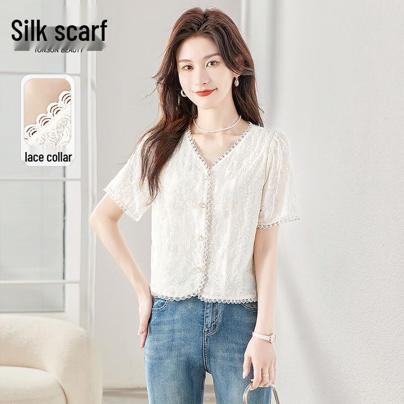 Women s Embroidered Lace Patch V-Neck Blouse L