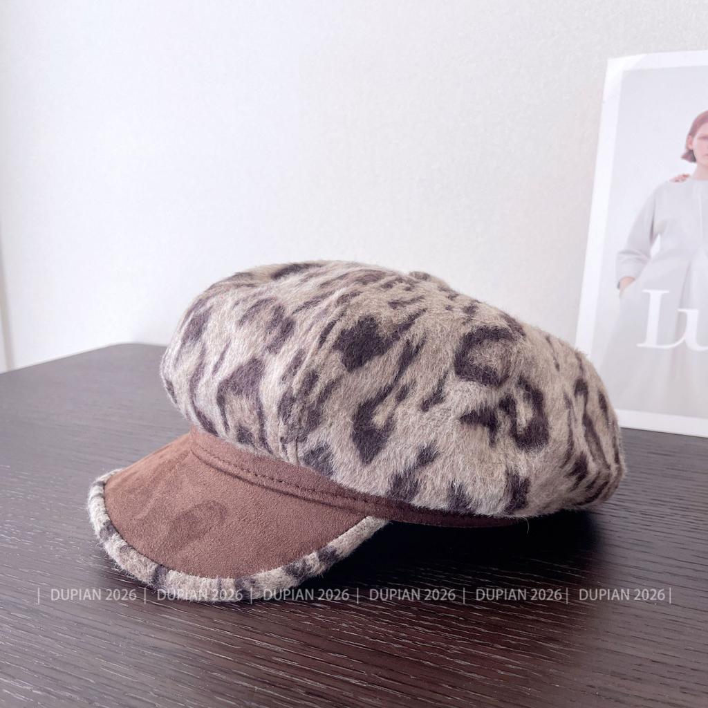 Retro leopard print cloud newsboy hat children's autumn and winter new versatile face peaked cap to keep warm from the cold octagonal hat