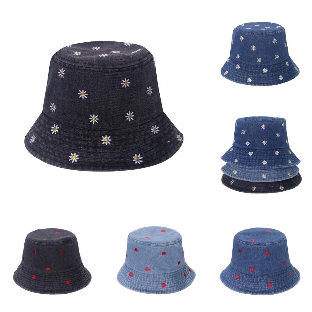 New Spring Summer Floral Embroidered Fisherman Hat Women Korean Style Sun Hat Cute Black Blue Flower
