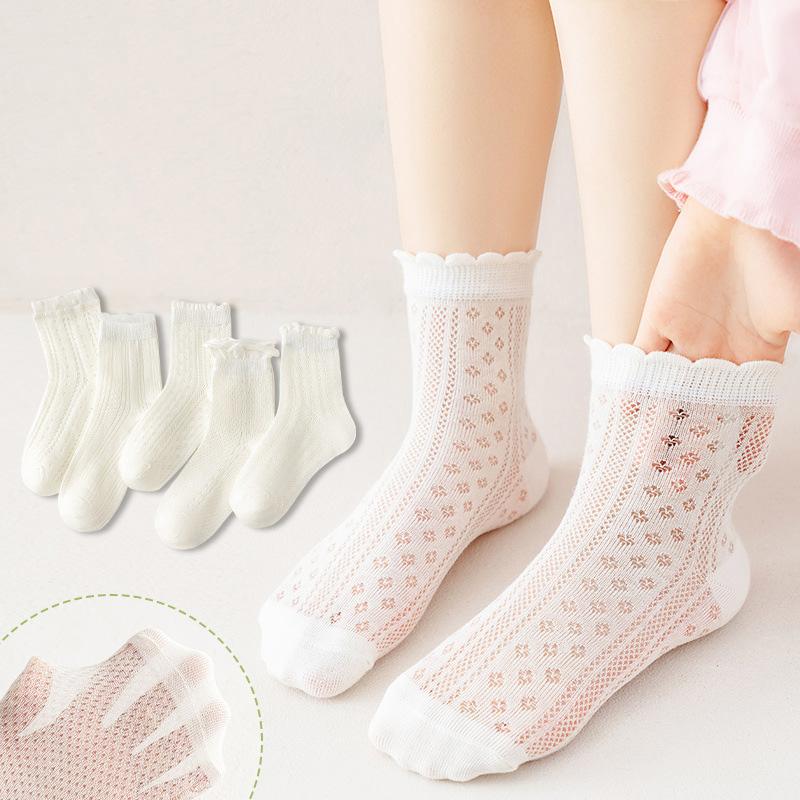 5 Paia Calzini Bianchi a Rete Traforata per Bambina Primavera Estate Sottili Traspiranti Calzini a Tubo Medio per Principessa Bambina Cotone con Volant Calzini per Bambini
