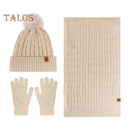 

3 шт./компл. Зимняя шапка, шарф, перчатки, комплект для женщин, плюшевая шапка-бини, декорированная мячом, вязаный длинный шарф, перчатки для сенсорного экрана, комплект с плюшевой подкладкой и текстурой с переплетением, теплый комплект бежевый