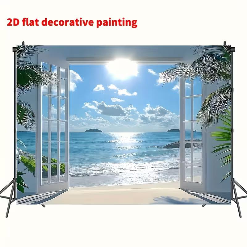 Ocean View Open Door Tapestry Beach Palm Tree Background Cloth