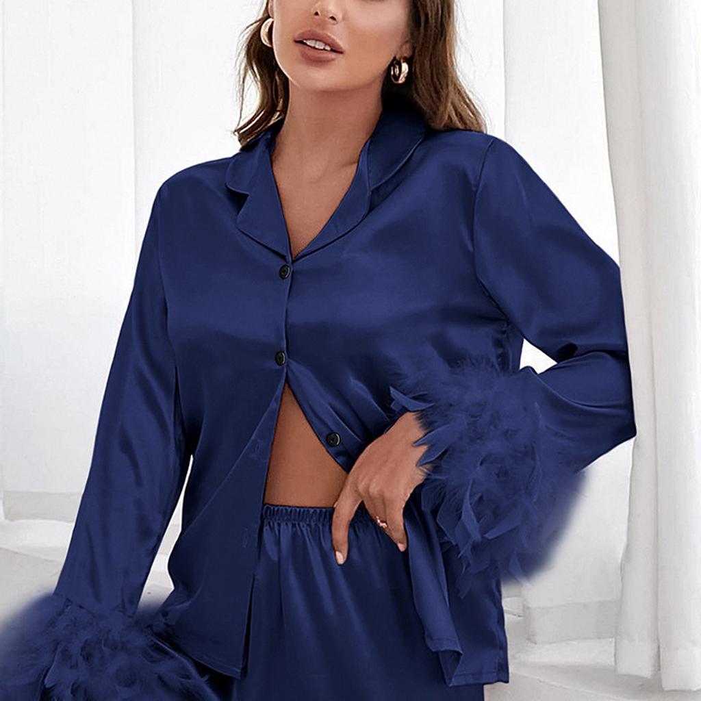 Pysjamassett med trykt for kvinner Mykt todelt Loungewear-sett Langermede topper Lange bukser Matchende pyjamas Natttøy