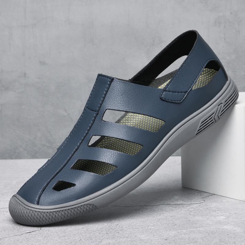 Fashion Casual Outdoor Sandals Split Leather Men Summer Vacation Beach Non-Slip Hollow Out Shoes Comfort Soft Sole Retro Style Sandals