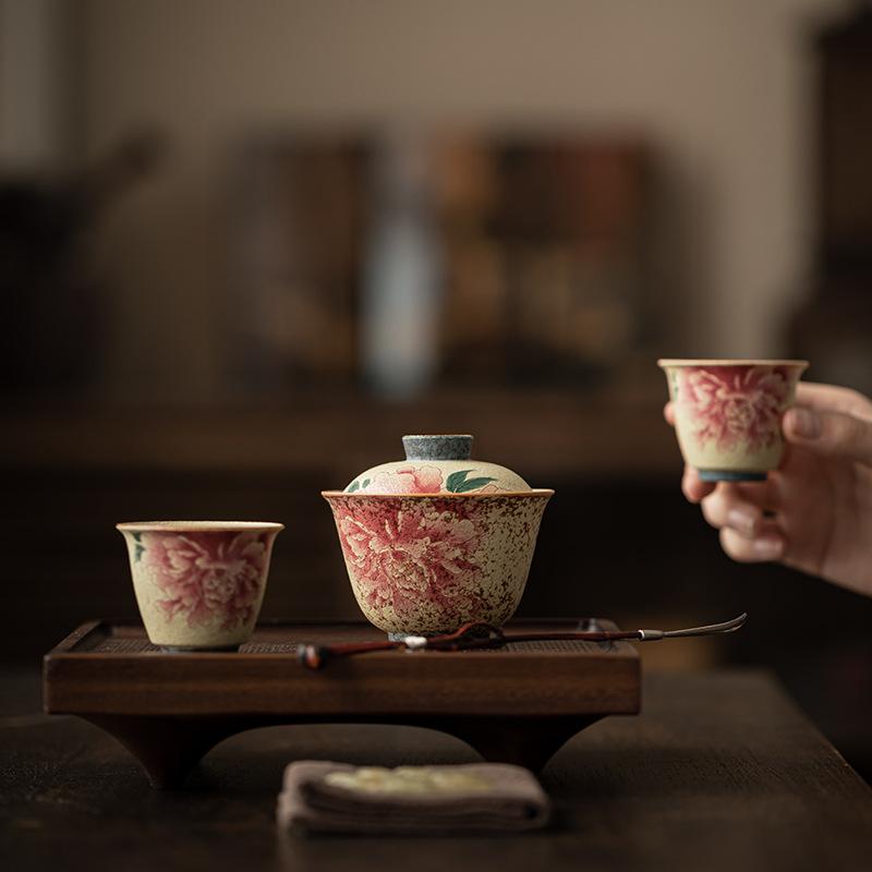 Blue And White Flint Red Peony Gaiwan Elegant Tea- Tureen Tea Bowl With Lid Kit Tea Maker Cover Bowl Kung Fu Tea Set Craft