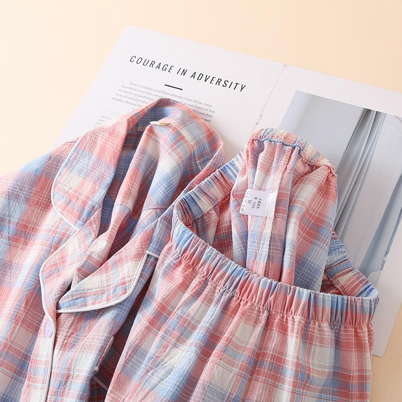 Pajamas women's pure cotton spring and summer thin unprinted plaid homewear short-sleeved trousers set loose large-size homewear