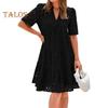Casual Dresses - Summer Beach Casual Dress Women Hollow Out Eyelet V Neck Short Sleeve Midi Sundress Tiered Flowy A Line