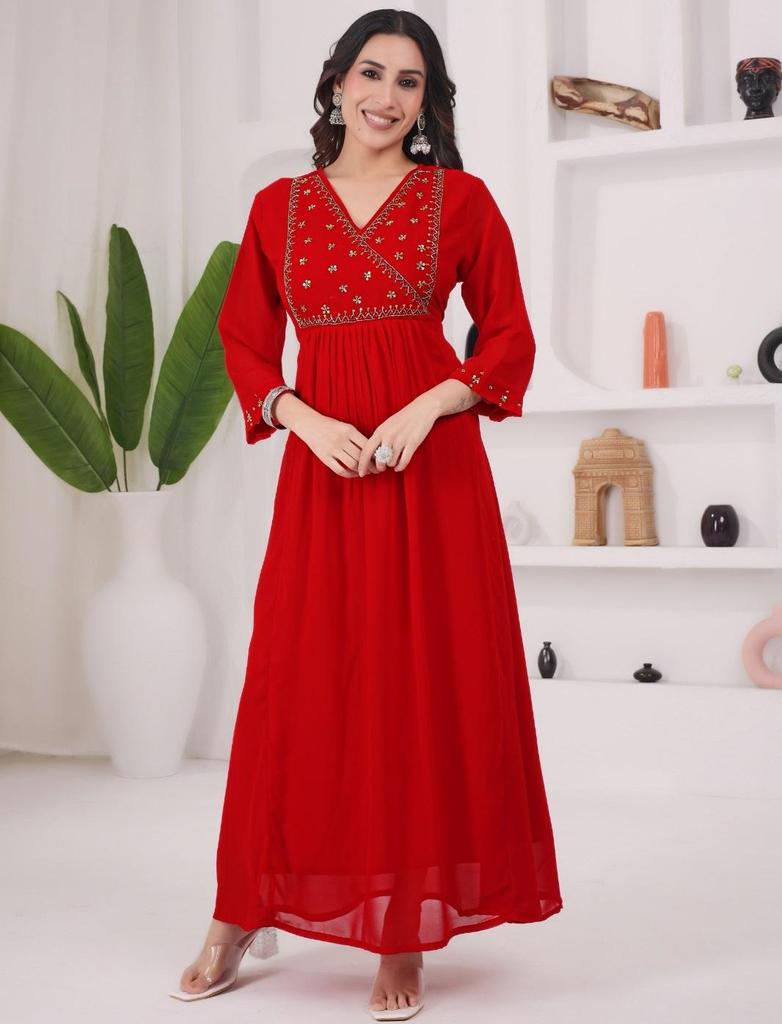 Women Designer Georgette V-Neck Gown Kurta Indian Bollywood Anarkali Top Tunic Kurti