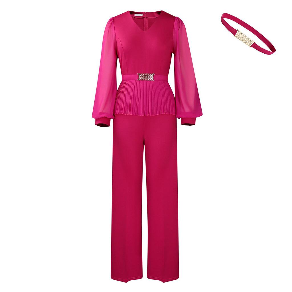 Elegant V-neck Long Sleeve Top & Wide Leg Pants Set for Women