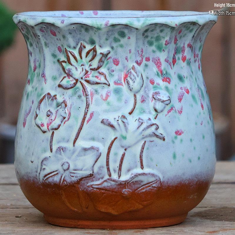 Yixing Handmade Square Mouth Coarse Pottery Planter - Large Succulent Flower Pot with Old Branch Design and Jade Pendant.