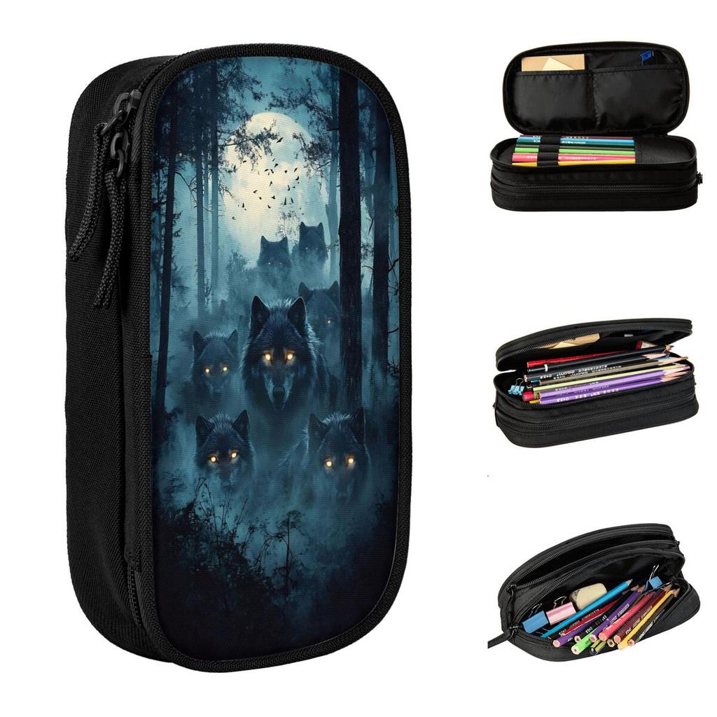 Wolves In The Jungle Wolf Pencil Case Pencil Box Pen Holder for Girls Boys Large Storage Bag Students School Zipper Stationery