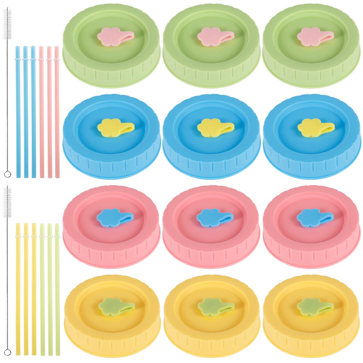 

12Pcs Colorful Plastic Jar Lids Set Fit for 70mm Mouth Silicone Canning Jar Lid with Straw and Cleaning Brushes for Food Storage
