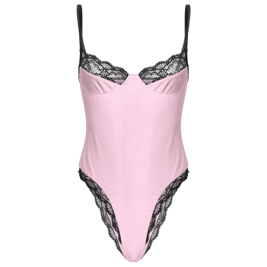 Men Sexy Lace Bodycon Bodysuit Sissy Sleeveless Lingerie Teddie Catsuit Nightwear