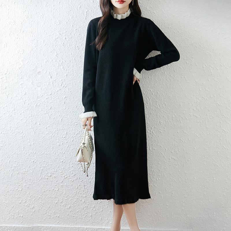 Women Sweater Dress 100% Wool TIDENOVEL Turtleneck Knit Long Pullover Winter Jumpers Wool Long Dress Female