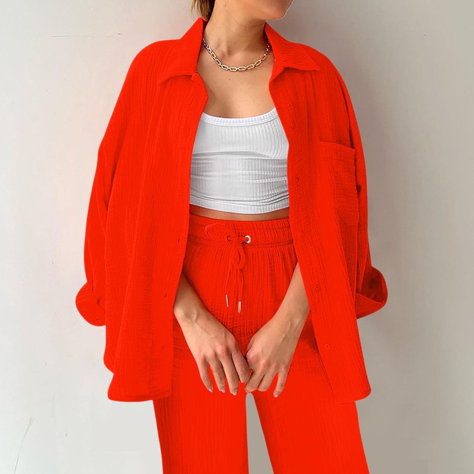 

Two Piece Suit Women Summer Muslin Shirt And Trousers Clothes Two Piece Beachwear Suit Two Piece Suit Women S помаранчевий