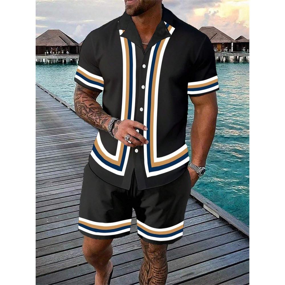 2024 New Men's Beach Wear 2-Piece Quick Drying Hawaiian Shirt and Shorts Set Summer Men's Fashion Striped Print Casual Wear