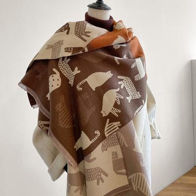Niedlicher doppelseitiger Schal mit Katzenmuster für Damen – 100 % Polyester, Jacquardgarn gefärbt, dicker Winterschal, warmer Halswickel, lässiges Wochenendtuch