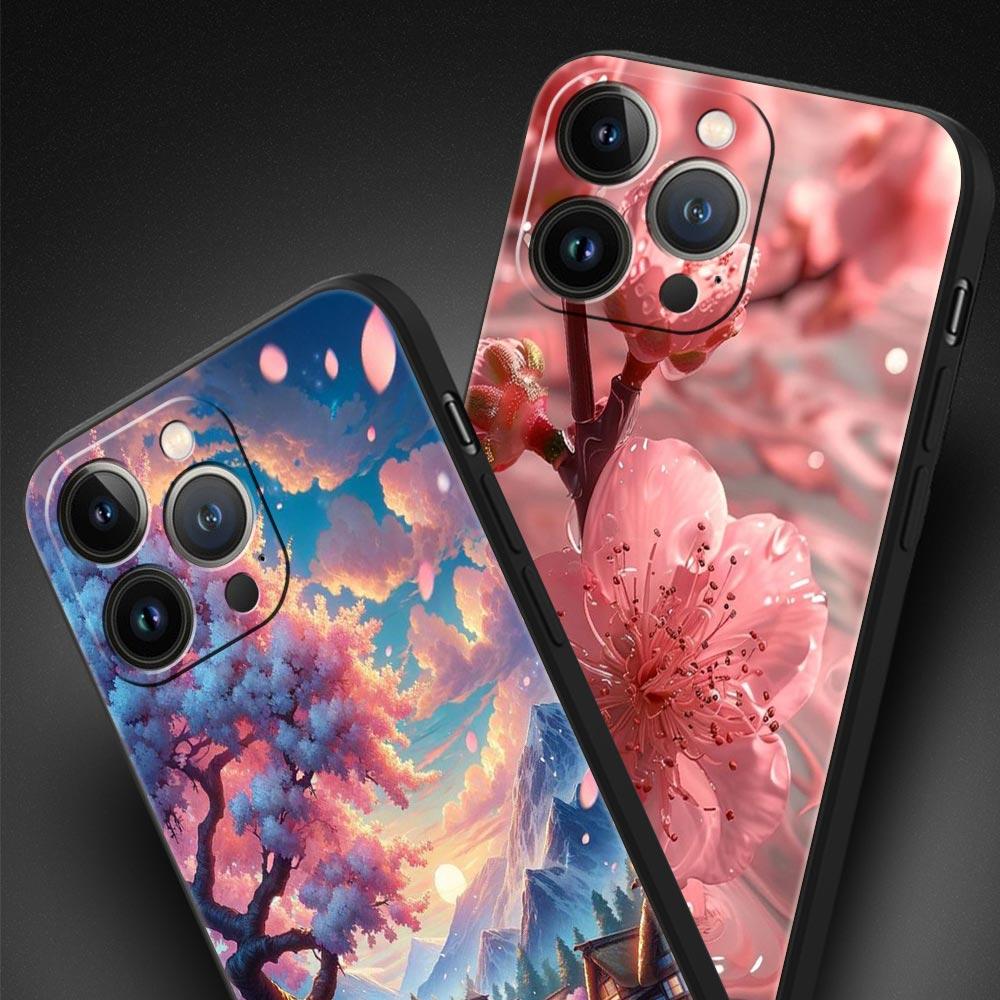 Coque de téléphone Rose Fleurs de Cerisier Printemps Pour iPhone 17 16 15 Pro Max 11 12 13 14 7 8 Plus SE 2020 X XR XS Cover Souple Noir