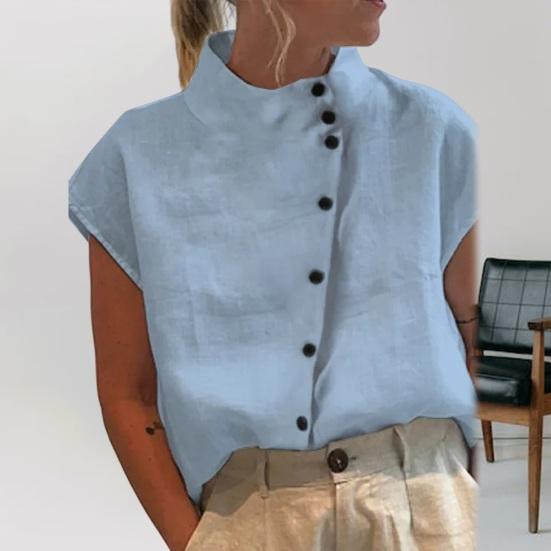 Col Montant Manches Courtes Raglan Chemise Femme Patte de Boutonnage Diagonale Manches Courtes Été Fine Couleur Unie Lâche T-shirt Top Streetwear