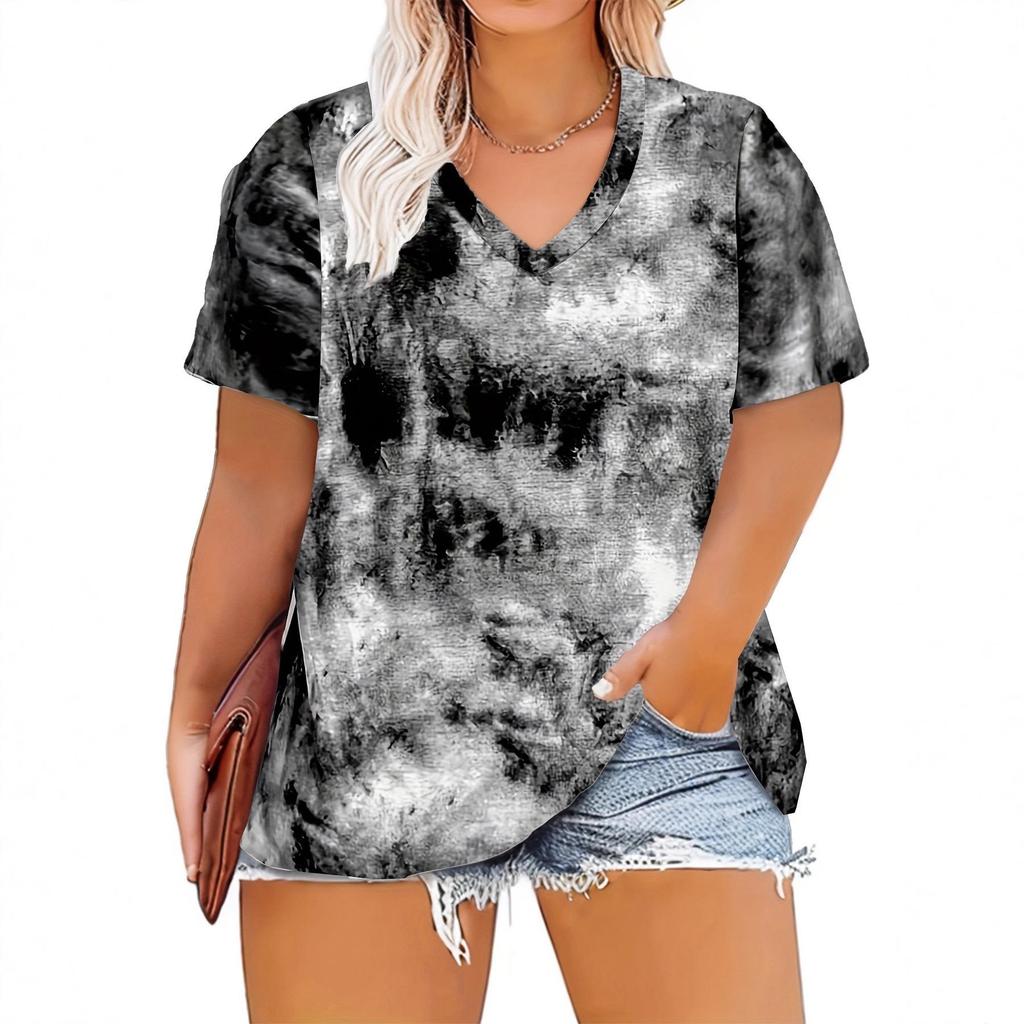 Plus Size Tie-Dye V-Neck Top for Women - Purple, Red, Gray