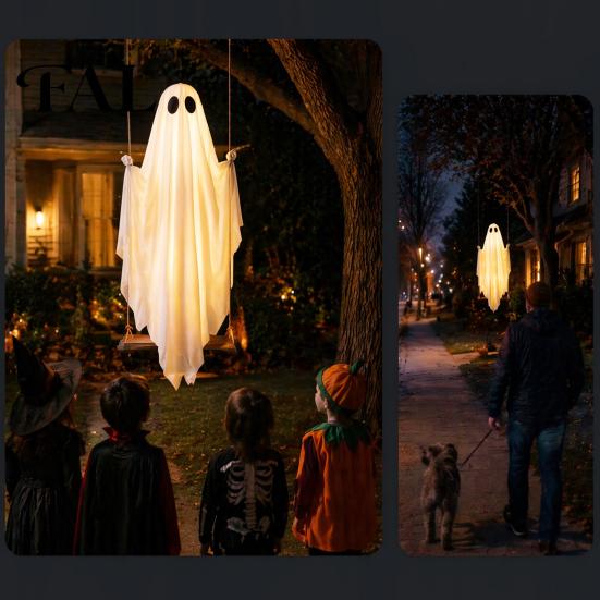Funny Halloween Yard Art Hanging Swinging Ghost Decoration, LED Light Up Large Spooky Patio Tree Decor with Remote Control for Outside Garden