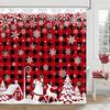 Cortina de ducha de copos de nieve navideños, Cuadros Rojo y Negro Pueblo de Navidad Papá Noel Decoración de baño de invierno Tejido de poliéster Impermeable