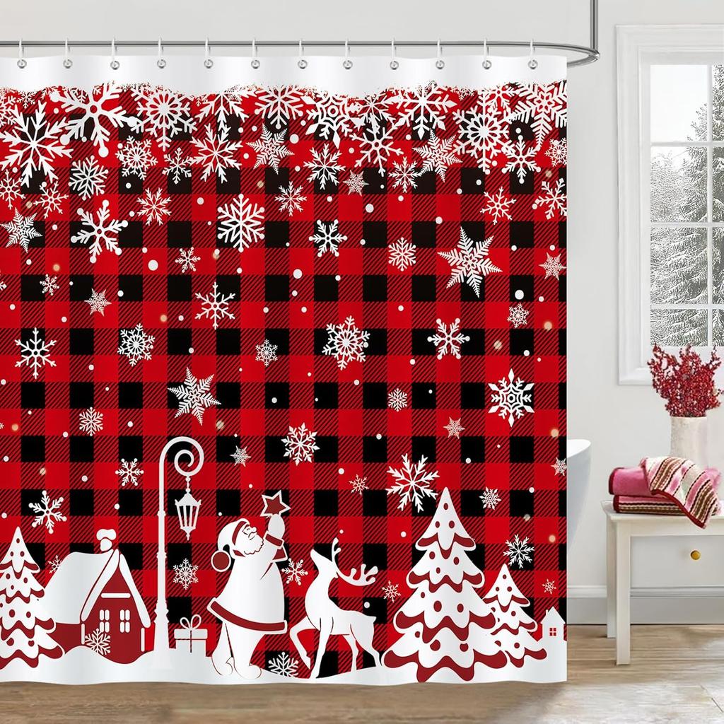 Cortina de ducha de copos de nieve navideños, Cuadros Rojo y Negro Pueblo de Navidad Papá Noel Decoración de baño de invierno Tejido de poliéster Impermeable