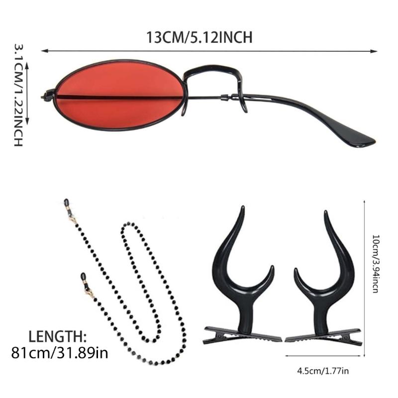 Monocular Glasses with Chain Devil Horns Hair Clips Monocle Sunglasses Alastor Costume Accessories for Halloween Cosplay F0S4