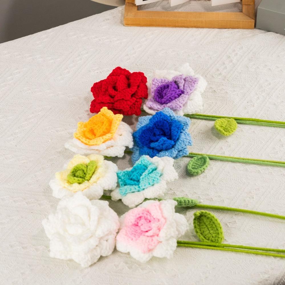 DIY Hand Woven Roses Pointed Leaf Romantic Knitting Flowers New Crochet Rose Flower  Anniversary
