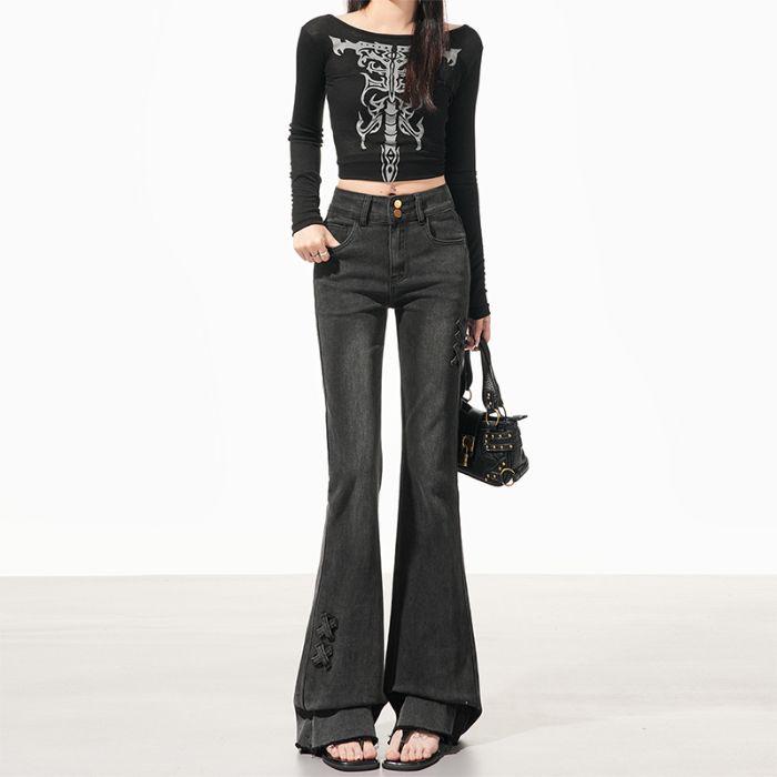 Women s Retro Bow High-Waist Micro-Flare Stretch Jeans for Summer 2026 Small