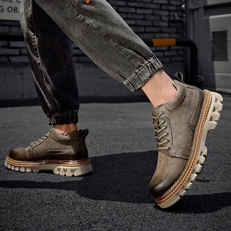 Fashion British Style Platform Work Shoes Men Boots Leather Men Autumn Winter High-top Casual Fashion Platform Plush Warm Boots Man
