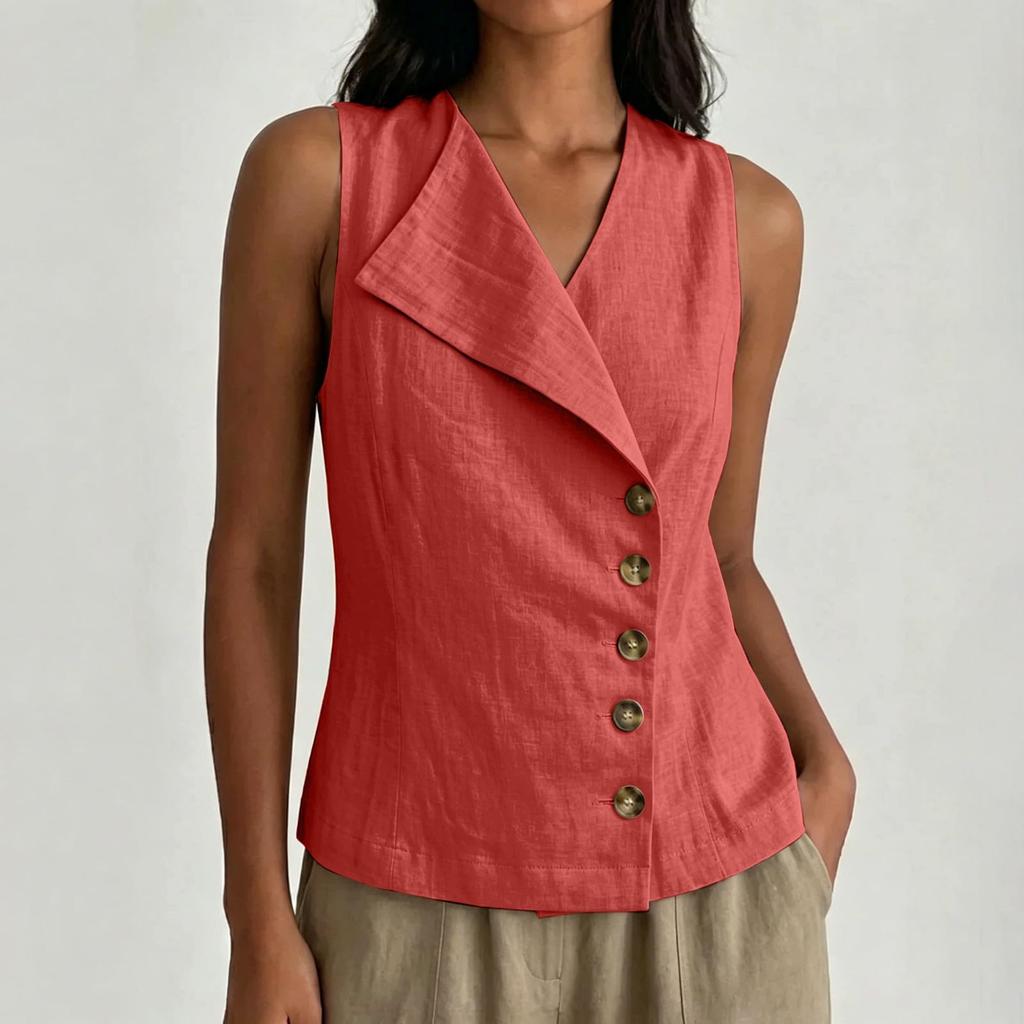 Blusa casual de lino para mujer sin mangas, con botones al frente, cuello en V, ligera, de verano, con cuello asimétrico