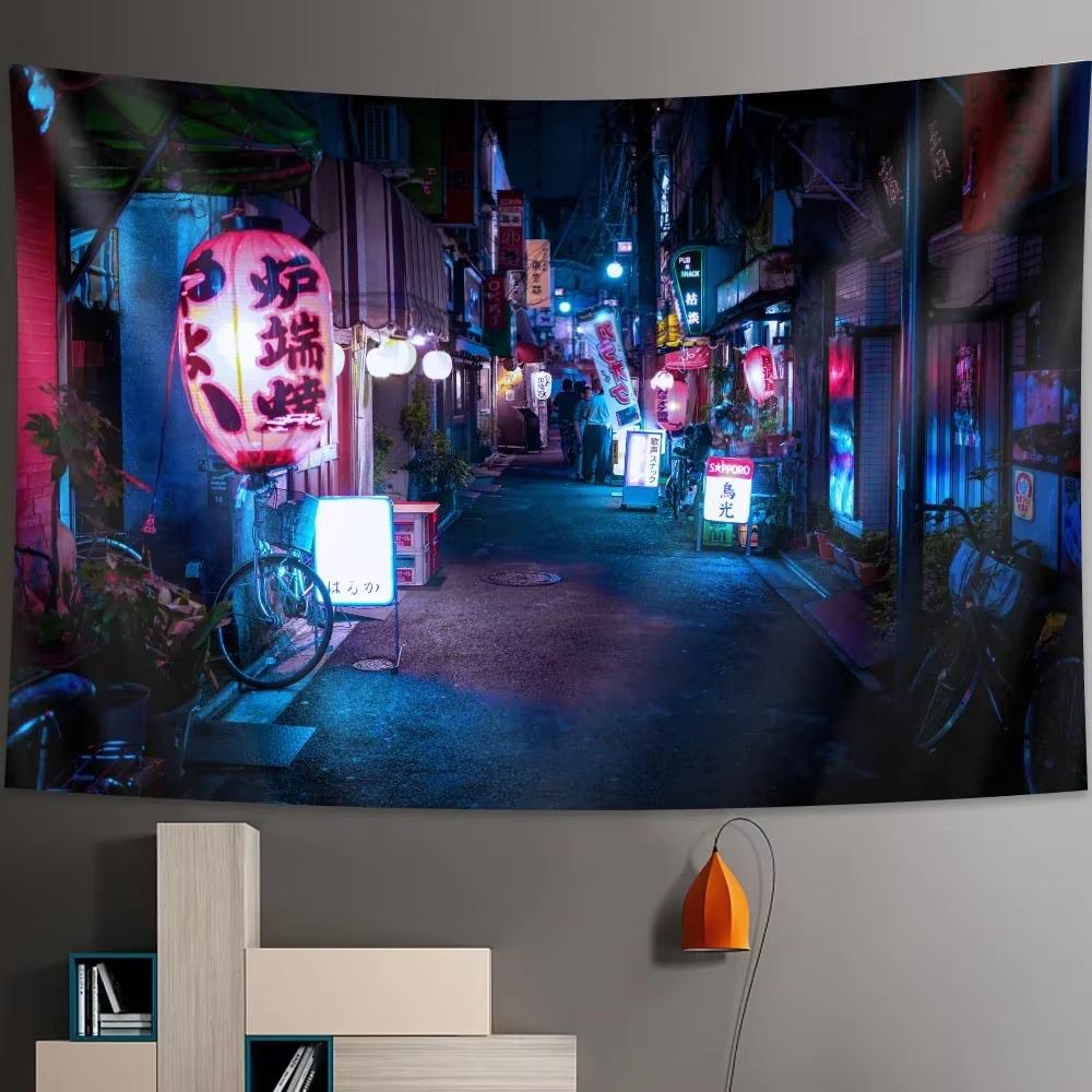 Glowing Tokyo Nightlife Tapestry, Japanese Metropolitan Bohemian Wall Hanging For Bedroom Living Room Hippie Sheet