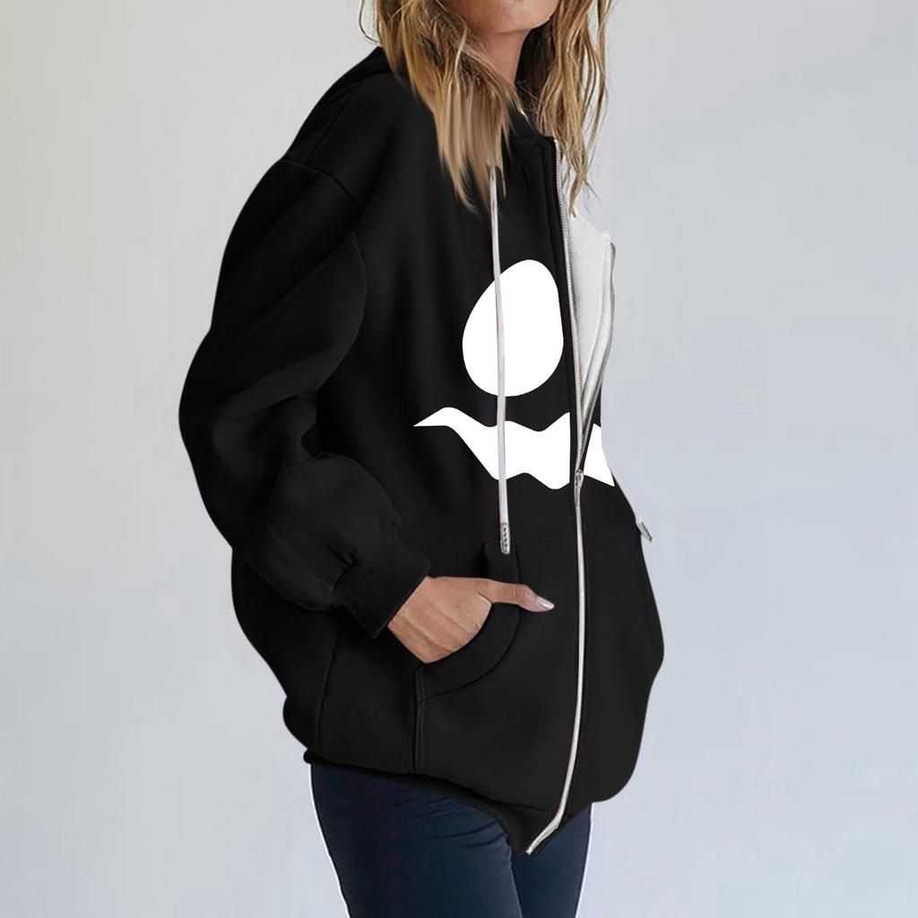 Women's Casual Fashion Halloween Smile Printed Long Sleeve Pullover Hoodies Zipper Sweatshirts Coat